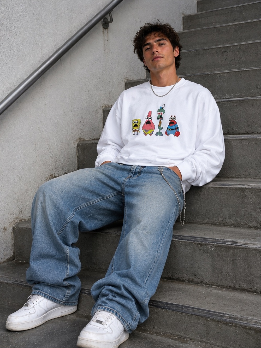 Nickelodeon Unisex Size Large SpongeBob Family Graphic Crewneck Sweatshirt White